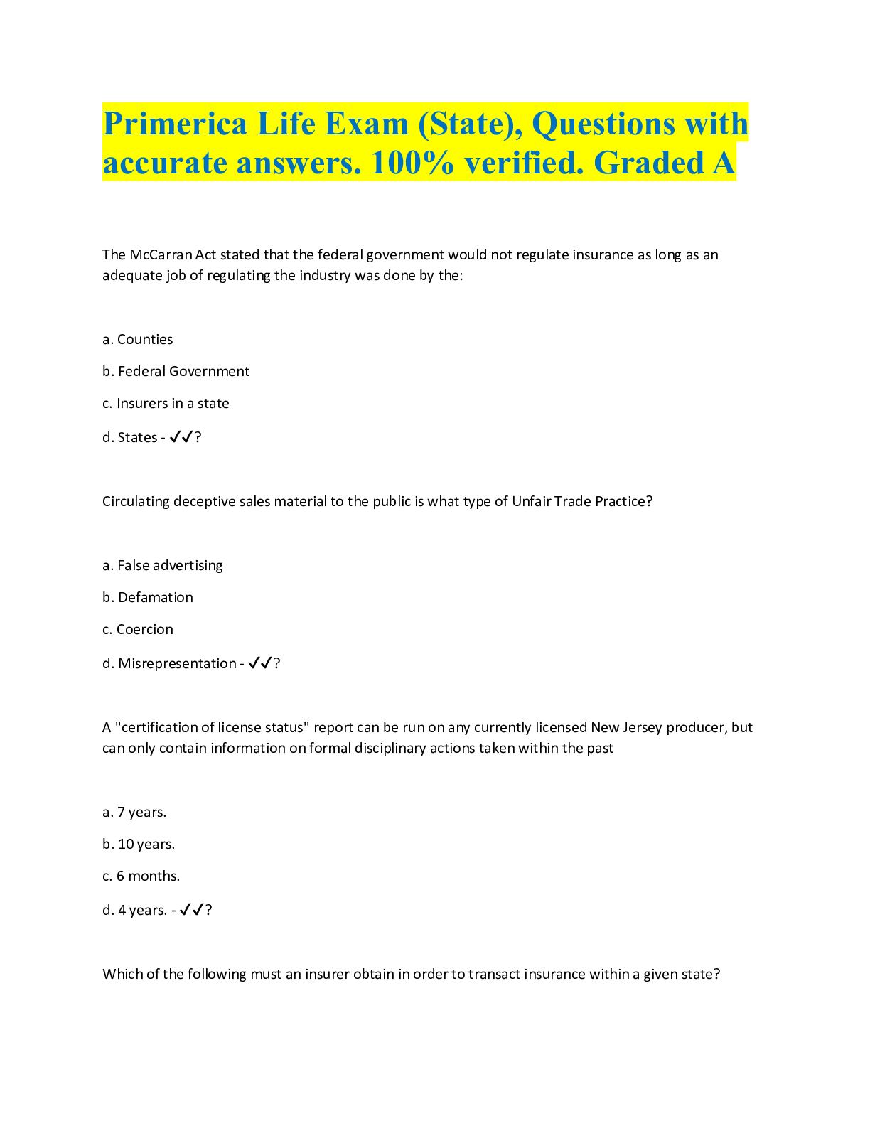 Preview of Primerica Life Exam (State), Questions with accurate answers. 100% verified. Graded A